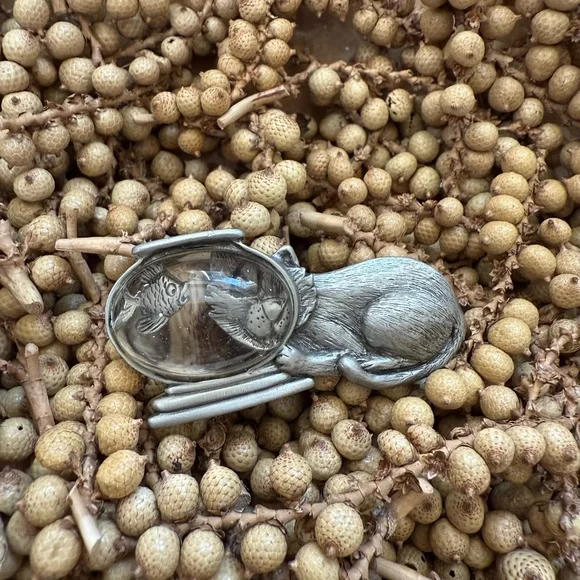 Vintage Silver Cat and Fishbowl Magnifying Glass Brooch Pin - Picture 5 of 13